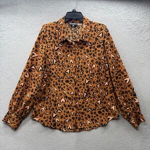 Karl Lagerfeld Top Blouse Brown Hearts Animal Print Long Sleeve Button Size L